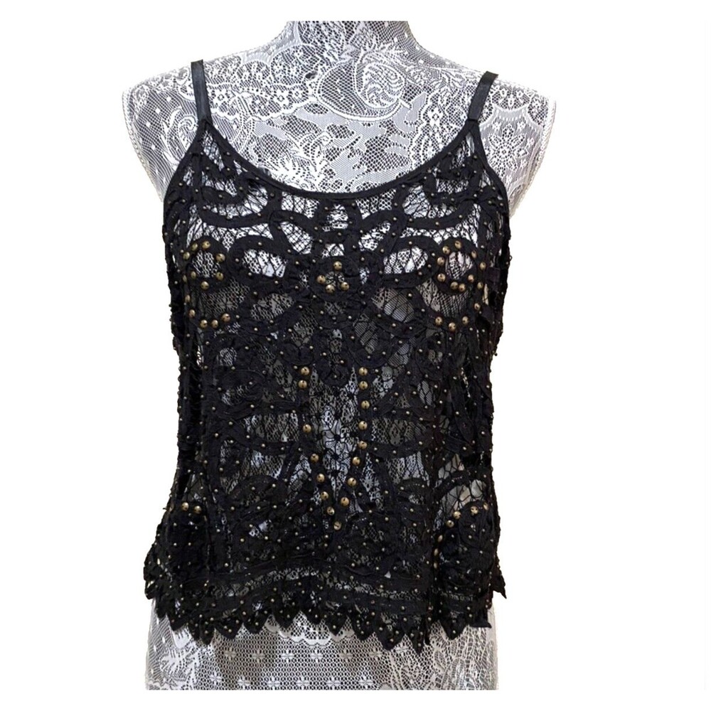 Free People Intimately Black Crochet Lace Cami Studded Tank Top Boho Festival S - Picture 13 of 15